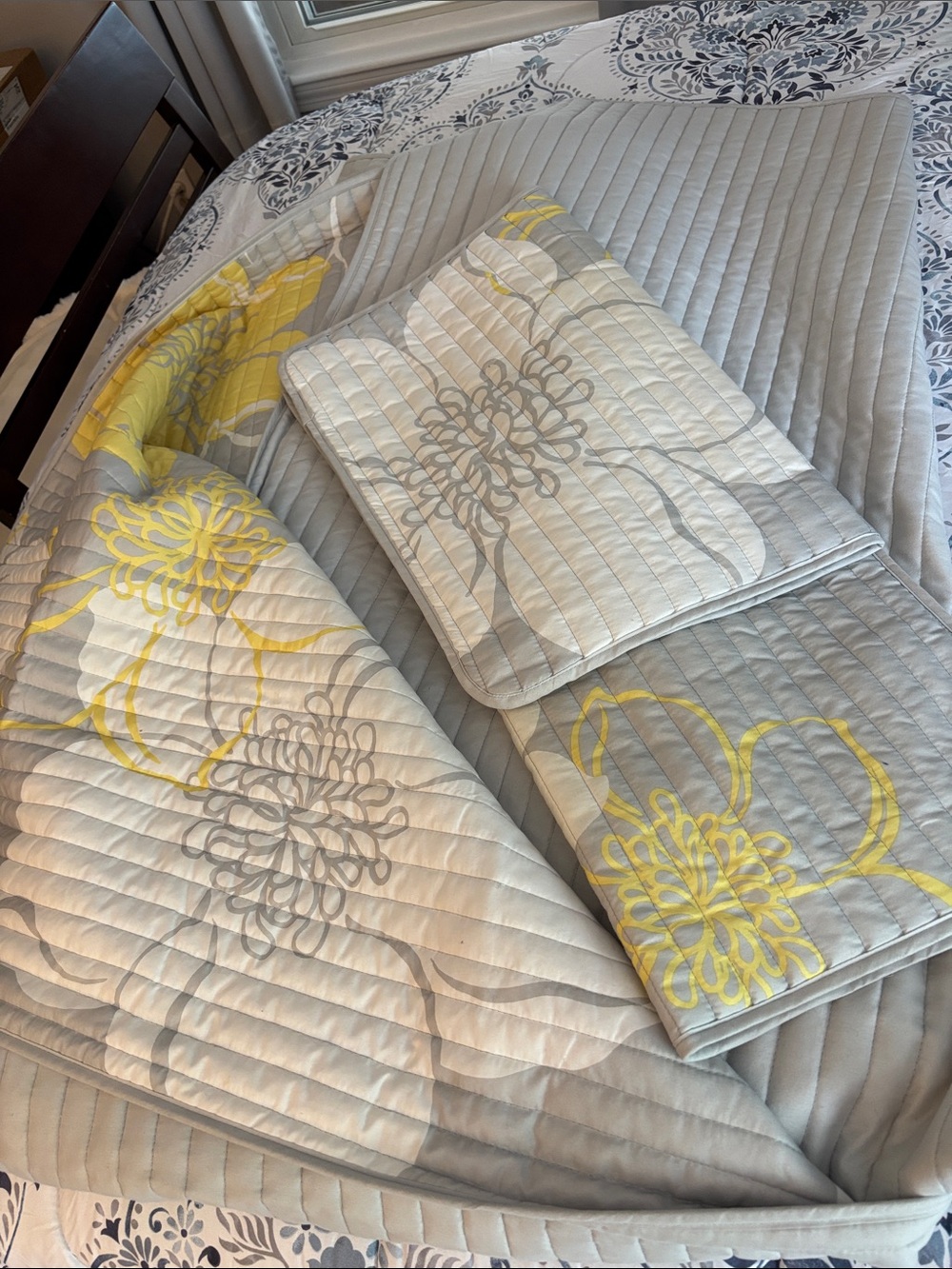 Reversible Neutral Gray and Yellow Quilted Bedding Set - Floral Accent